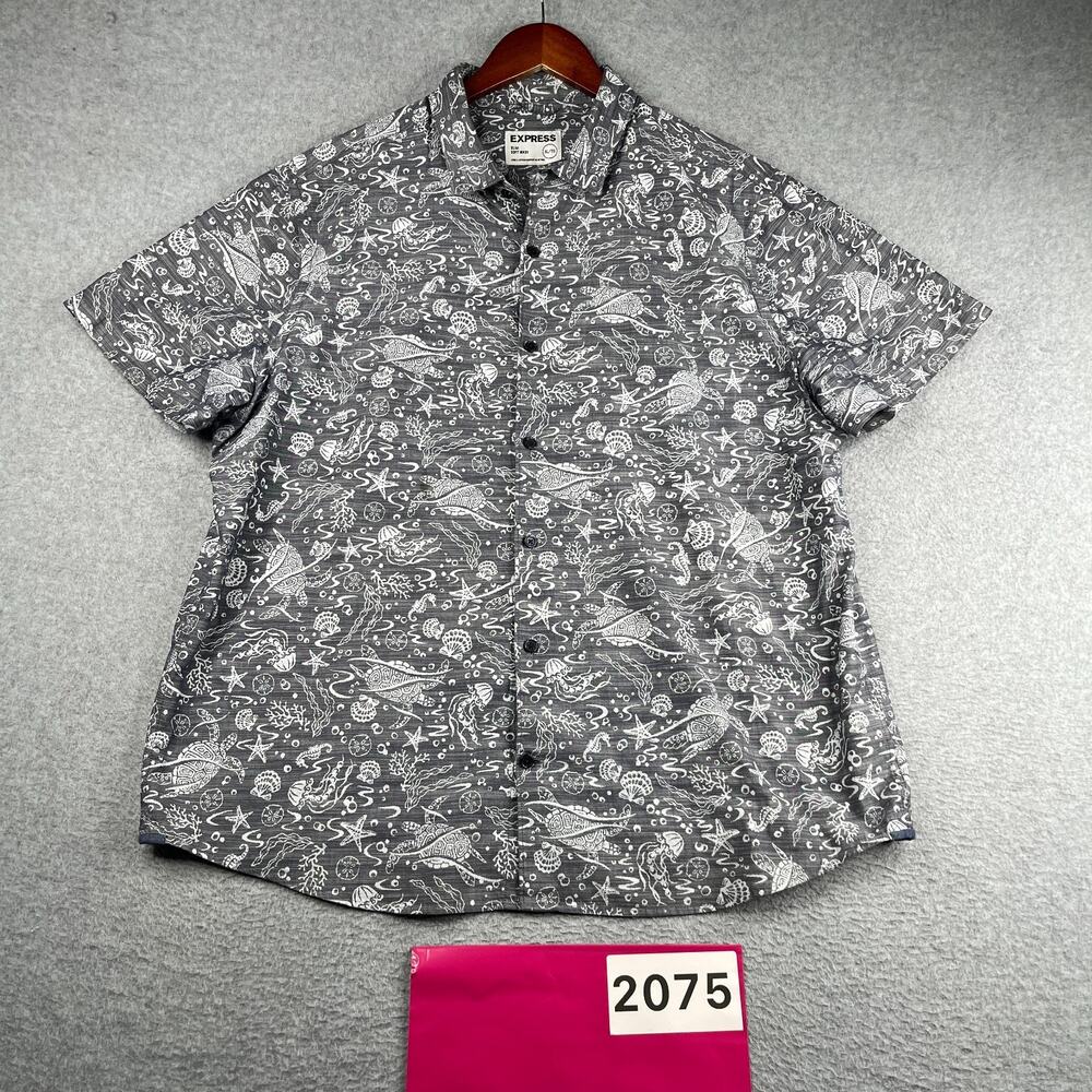 Express Silm Fit Soft Wash Gray Underwater Print Shirt Button Up Short Sleeve XL
